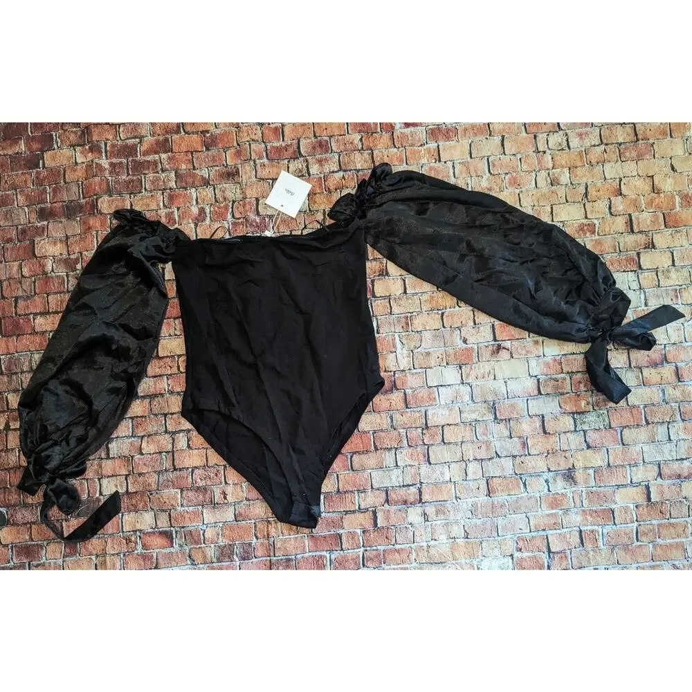 NWT Adika  Black Bodysuit with Satin Puffy Sleeves Size M